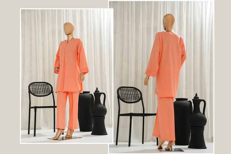 Lawn Jacquard - Stitched Jacquard Shirt with Highlights of Hand Touching Embellishment - Orange