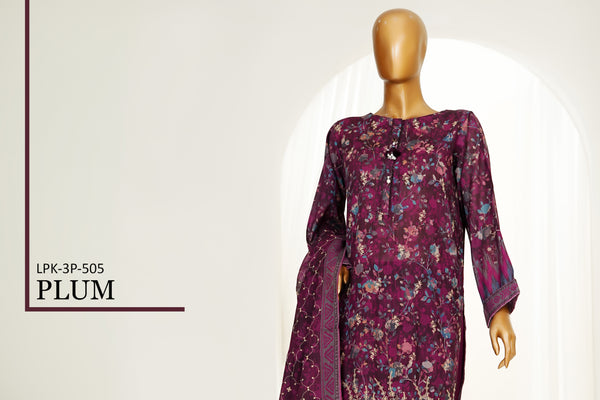 Lawn PrintKari - Stitched Embroidered 3piece with Lace work - Plum
