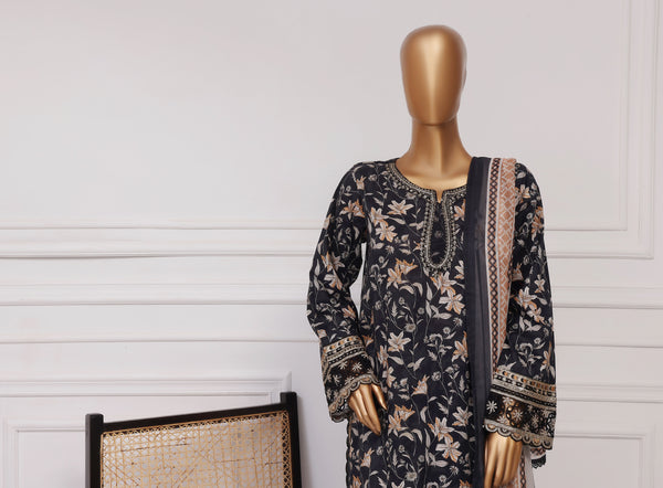 Lawn Farshi- Stitched Embroidered 3piece with Farshi shalwar - Black