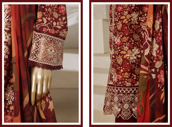 Lawn - Stitched Digital Printed Embroidered 3piece with Lace work - Maroon