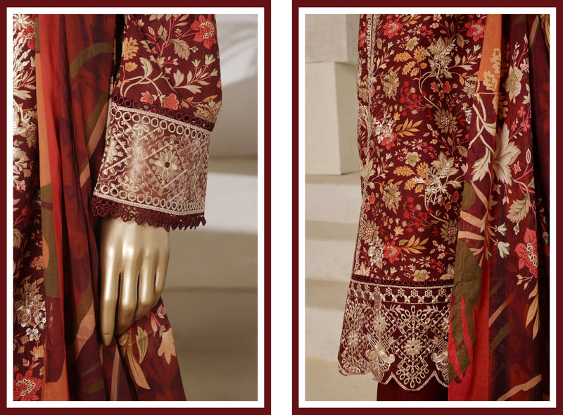 Lawn - Stitched Digital Printed Embroidered 3piece with Lace work - Maroon