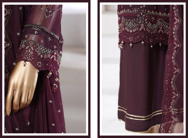 Chiffon - Stitched Formal Embroidered 3piece with Hand work - Falsa