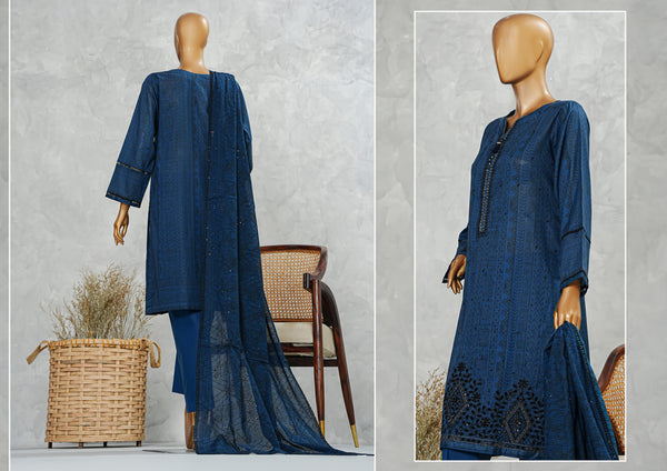 Lawn PrintKari - Stitched Embroidered 3piece with Embroidered Dupatta - Navy Blue