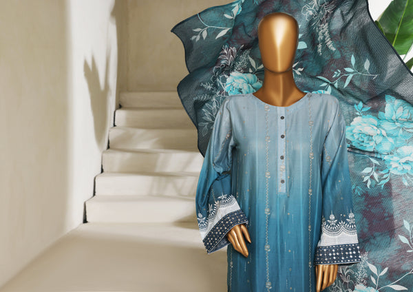Lawn - Embroidered jacquard 3piece with Lace work - Silver Teal
