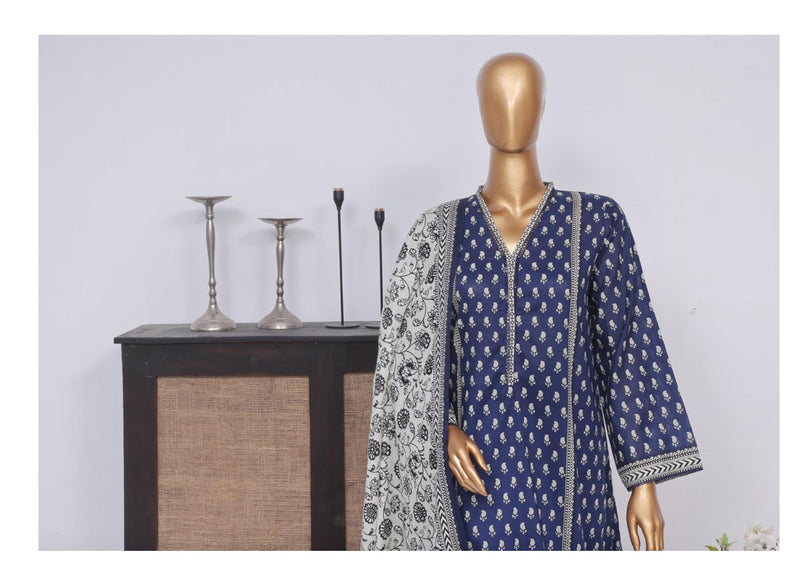 Lawn - Stitched Printed 3piece with Lace work - Blue