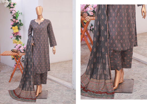 Lawn - Stitched printed 3piece with Lace work - Dark Grey