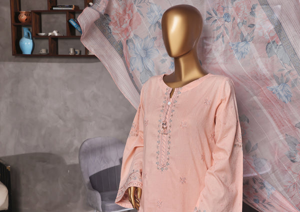 Lawn - Stitched Self Jacqaurd Embroidered 3piece with Emb trouser - Peach