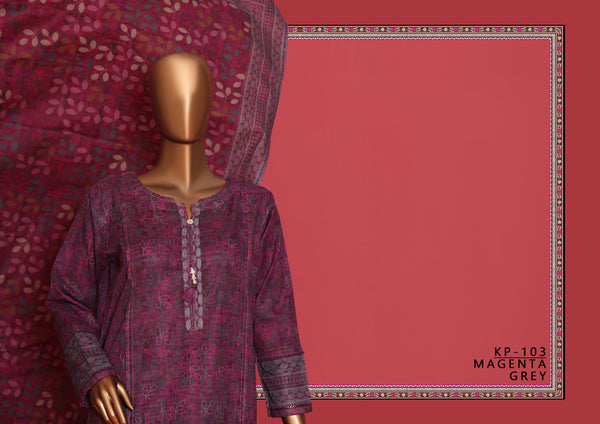 Khaddar - Stitched printed 3piece ready to wear - Magenta Grey