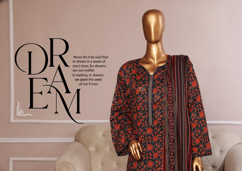 Lawn - Stitched printed 3piece with Farshi Shalwar - Maroon and Black