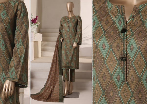 Cambric - Stitched printed 3piece with Lace work - Olive Green