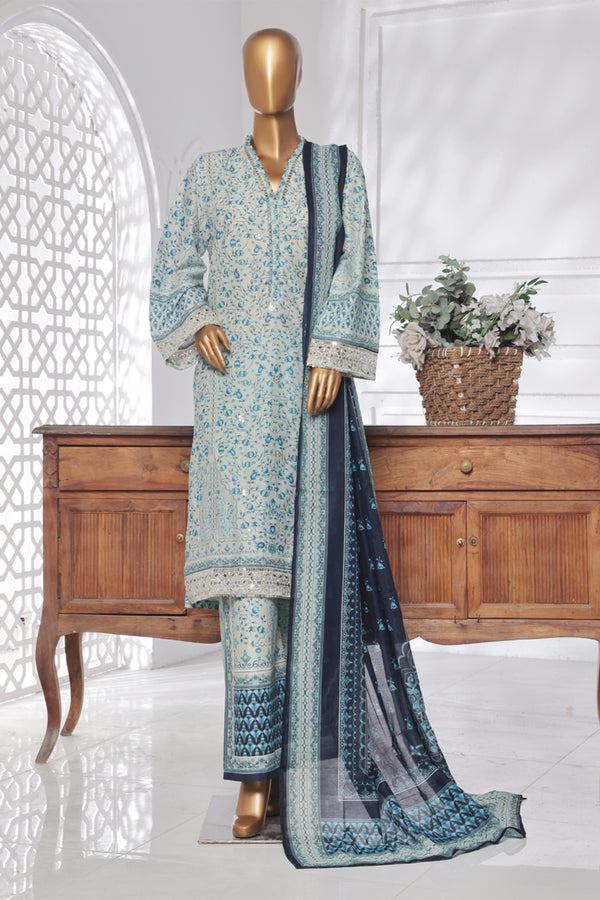 Lawn Chickankari - Stitched Embroidered 3piece with Lace work  - Sky Blue