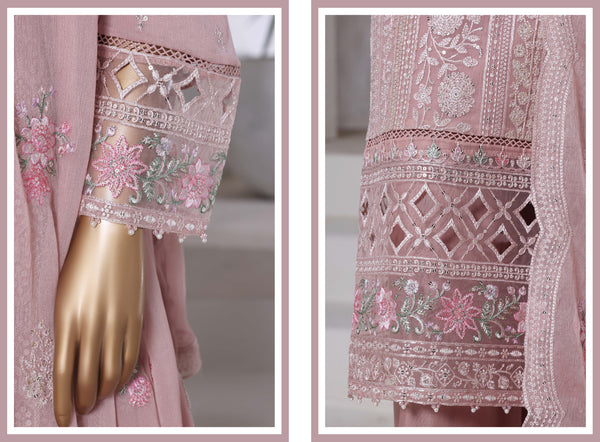 Chiffon - Stitched Formal Embroidered 3piece with Hand work - Light Pink