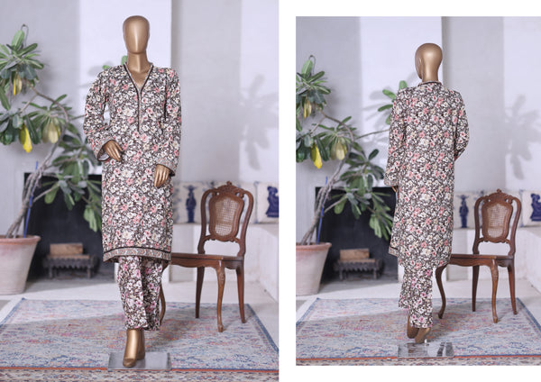 Khaddar Co-Ords - Stitched printed Kurti & trouser with Lace work - Brown & Pink