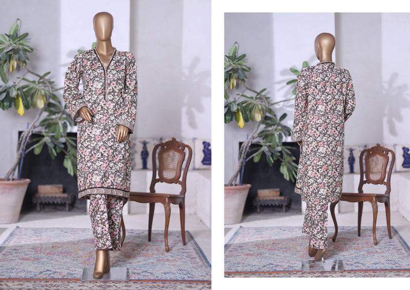 Khaddar Co-Ords - Stitched printed Kurti & trouser with Lace work - Brown & Pink
