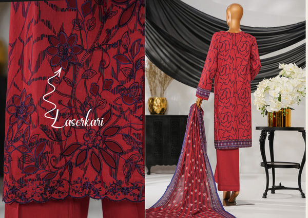 Cotton | Cambric - Stitched Embroidered 3piece with Lace work - Red