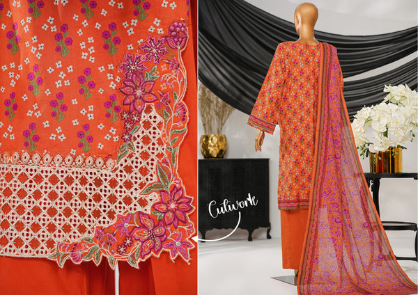 Cotton | Cambric - Stitched Embroidered 3piece with Lace work - Orange