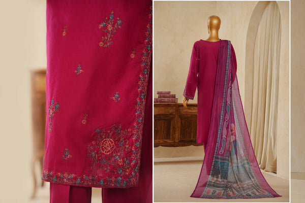 Lawn Jacquard - Stitched Embroidered 3 piece with lace work - Berry Pink