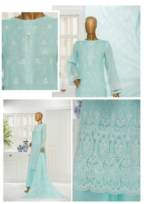 Cambric Chikankari - Stitched Embroidered 3piece with Lace work - Ocean Blue