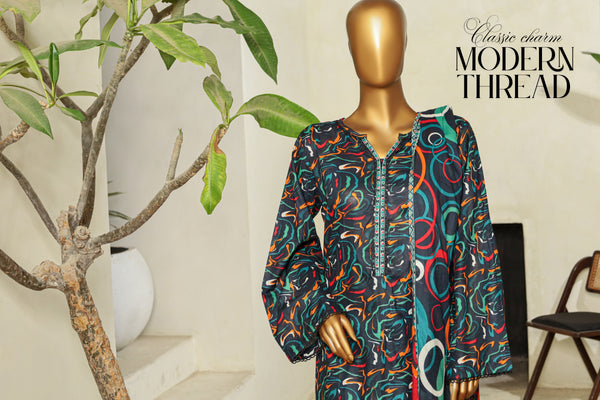 Lawn - Stitched printed 3piece with Farshi shalwar - Dark Blue