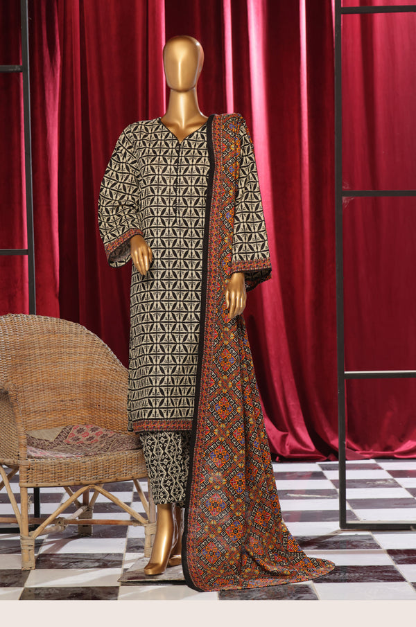 Khaddar - Stitched Printed  3piece with lace work - Skin