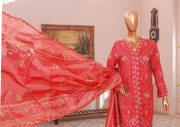 Lawn Self stripe- Stitched Embroidered 3piece with Lace work - Red
