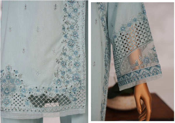 Cambric | Cotton - Stitched Embroidered Printed 3piece with Nannokara Dupatta - Aqua Blue