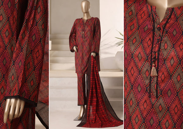 Cambric - Stitched printed 3piece with Lace work - Rust Black