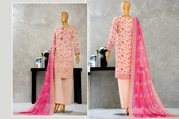 Lawn - Stitched Digital Printed Embroidered 3piece with Boring work - Peach