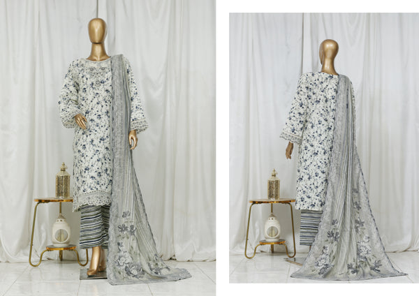 Lawn - Stitched Embroidered 3piece with Lace work - White