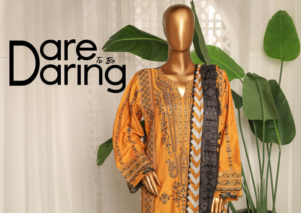 Lawn - Stitched Embroidered 3piece with printed Back & Printed trouser - Mustard