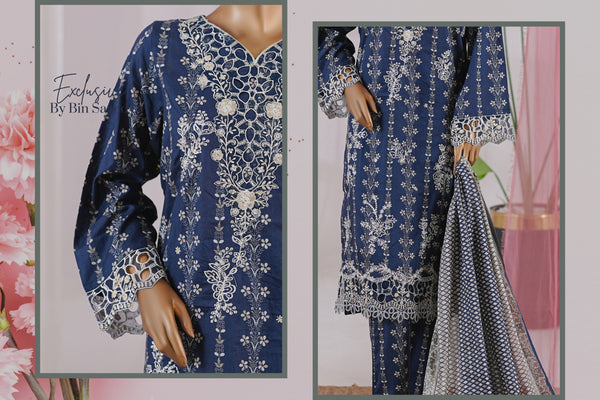 Lawn - Stitched Embroidered 3piece with Zari work & Lace work - Blue