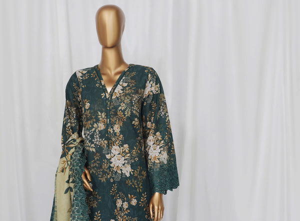 Khaddar - Stitched Embroidered Chikan Kari 3 piece with Laser work and Embroidered Cutwork Dupatta - Green