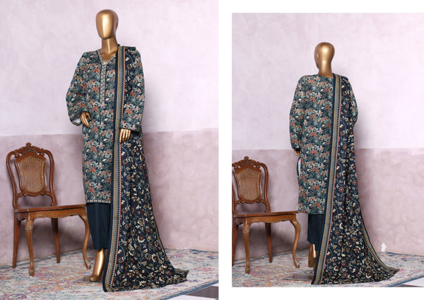Khaddar - Stitched printed 3piece with Lace work - Sea Green
