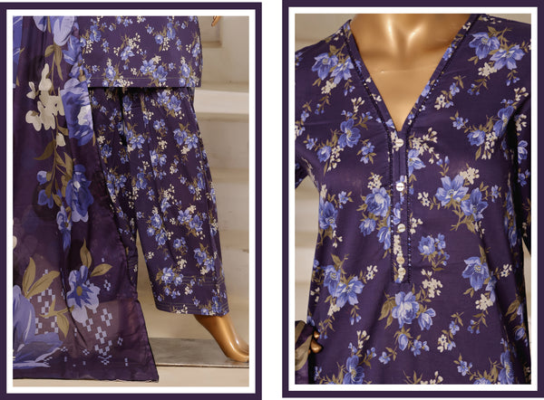 Lawn - Stitched printed 3piece with Farshi shalwar - Purple