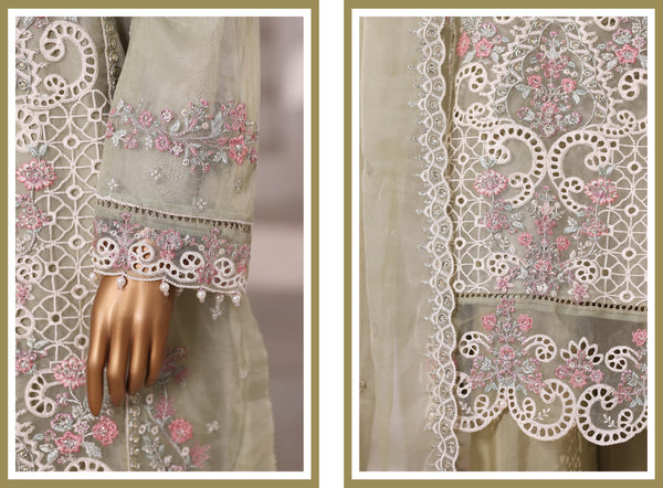 Organza - Stitched Embroidered 3piece with Hand work - Pista