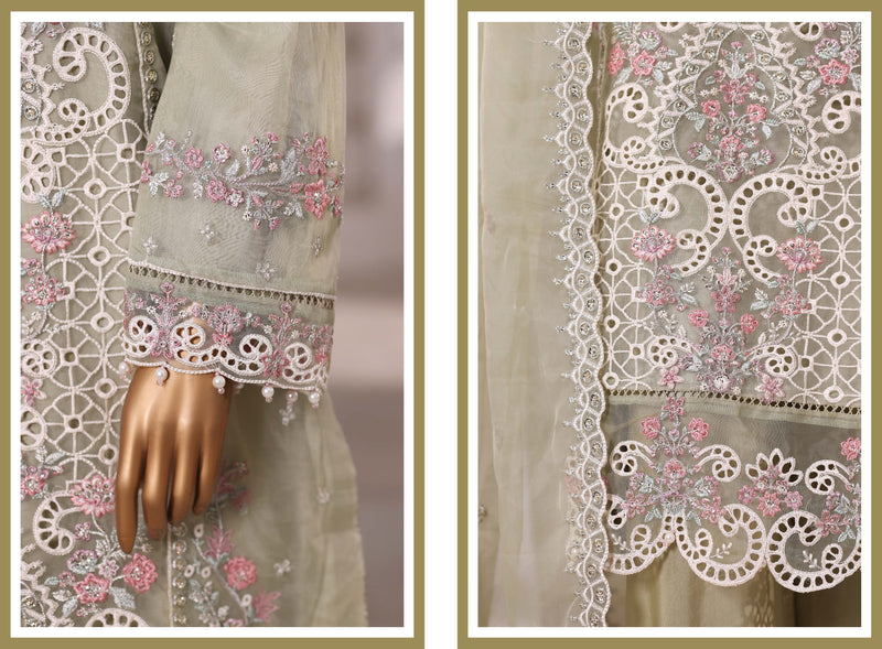 Organza - Stitched Embroidered 3piece with Hand work - Pista