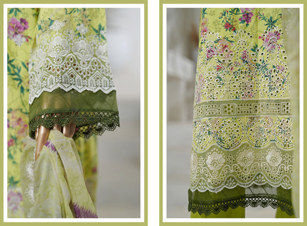 Lawn - Stitched Embroidered 3piece with Cutwork & Printed chiffon Dupatta - Green