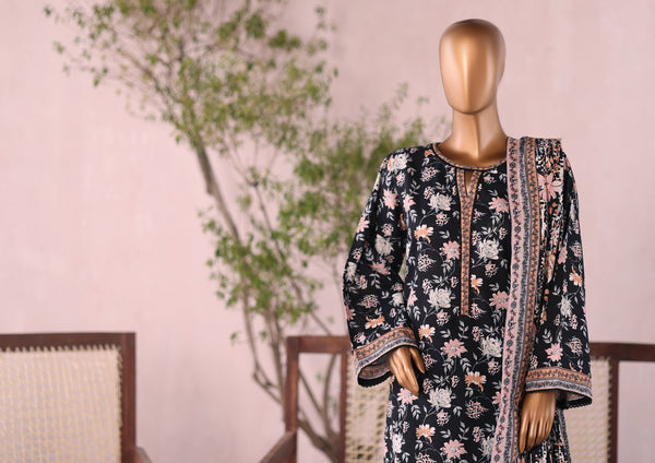 Khaddar - Stitched  printed 3piece with Lace work  - Black
