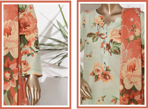 Lawn - Stitched printed 3piece with Lace work - Light Green & Peach