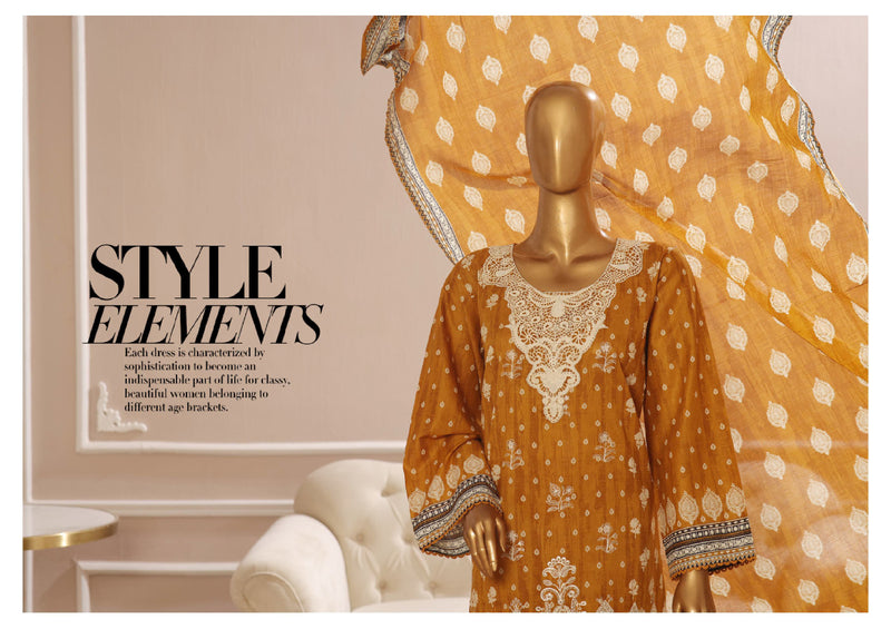 Lawn - Stitched Embroidered 3piece with Lace work - Mustard