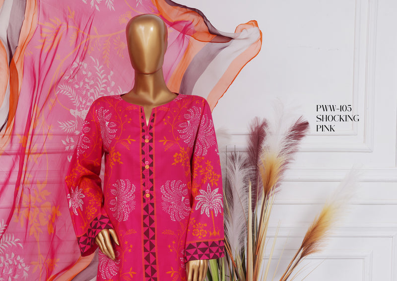Lawn - Stitched printed 3 piece with chiffon dupatta - Shocking Pink