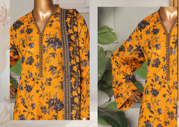 Lawn - Stitched printed 3piece with Lace work - Yellow