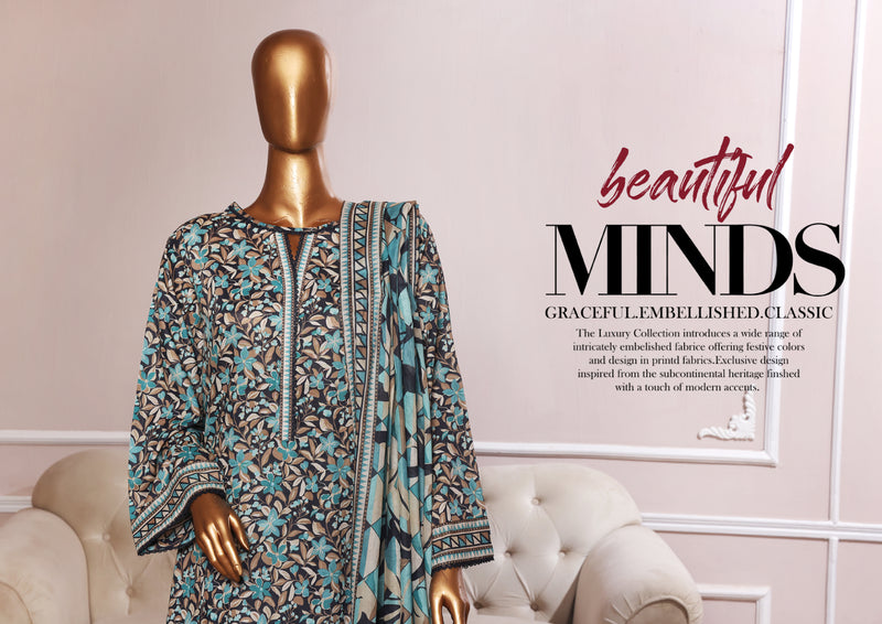 Lawn - Stitched printed 3piece with Farshi Shalwar - Multi Color