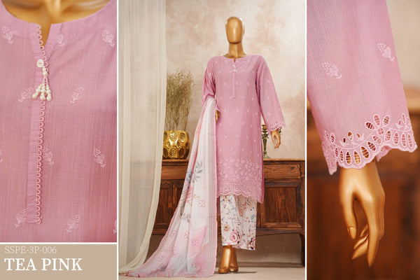 Lawn Slub - Stitched Chikankari Embroidered 3piece with Lace work - Pink