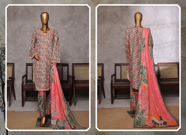 Lawn - Stitched Embroidered 3piece with Lace work - Pink