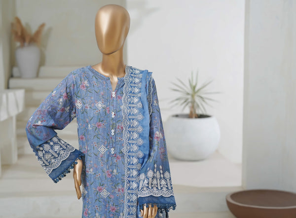 Lawn Chikankari - Stitched Embroidered 3piece with Cutwork and Embroidered Chiffon Dupatta - Blue