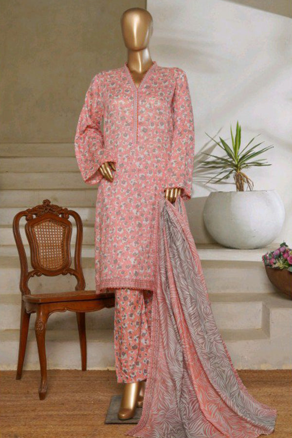 Lawn - Stitched printed 3piece with Lace work - Light Pink