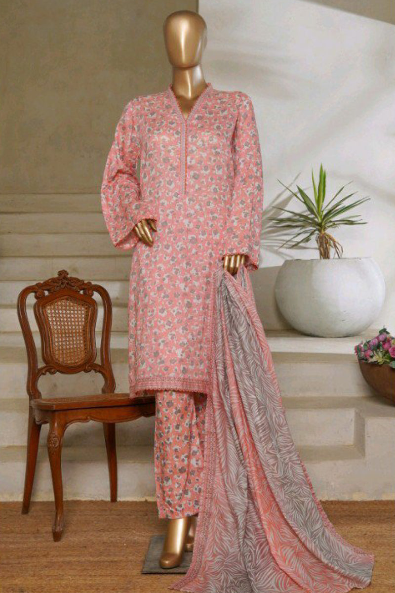 Lawn - Stitched printed 3piece with Lace work - Light Pink