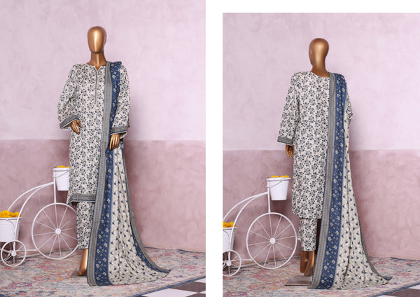 Khaddar - Stitched printed 3piece with Lace work - White & Blue