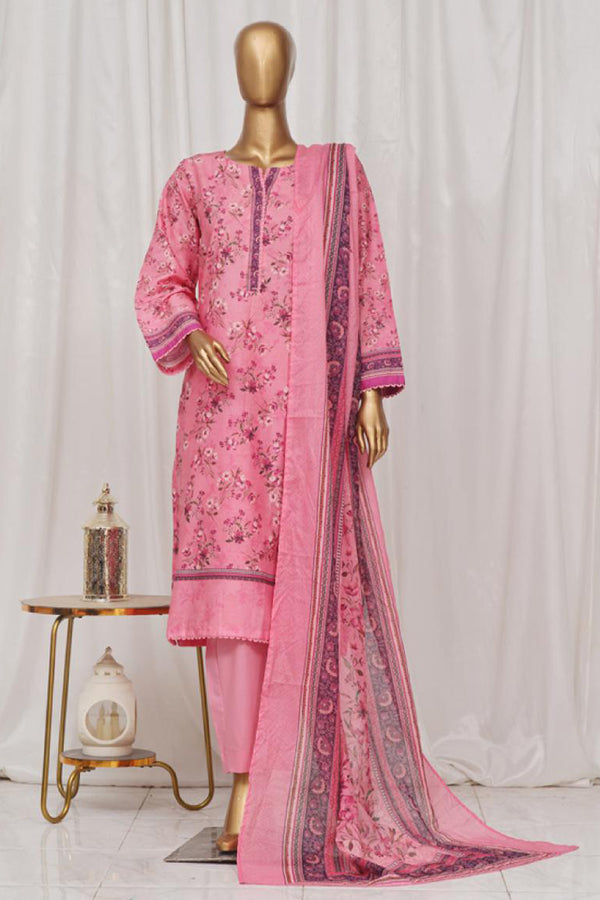 Lawn - Stitched Printed 3piece with Lace work - Pink